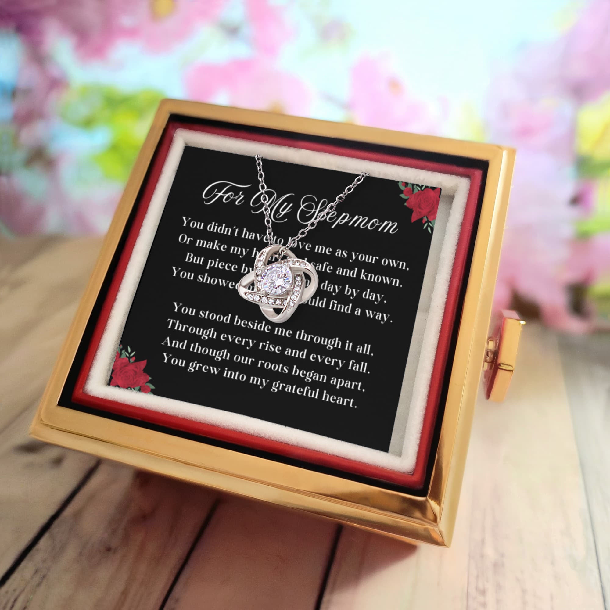 Stepmom LOVE KNOT 14k or 18k Gold Love Knot Necklace & Meaningful Poem Card Rotating Everlasting Rose Box with Everlasting Rose Gift Box