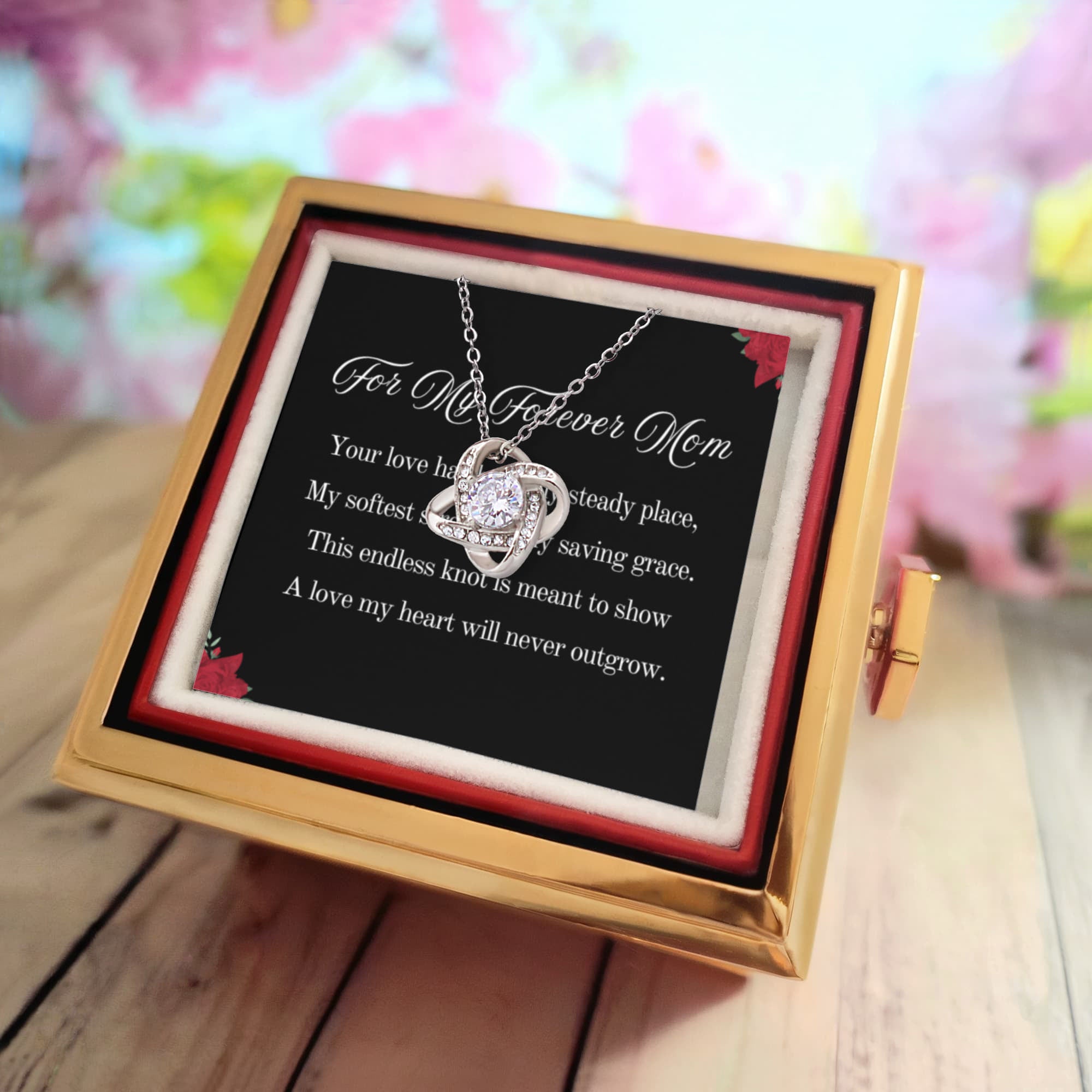 For My Forever Mom Love Knot Necklace, 14k or 18k Gold Finish, Meaningful Poem Card, Rotating Everlasting Rose Box Gift Set