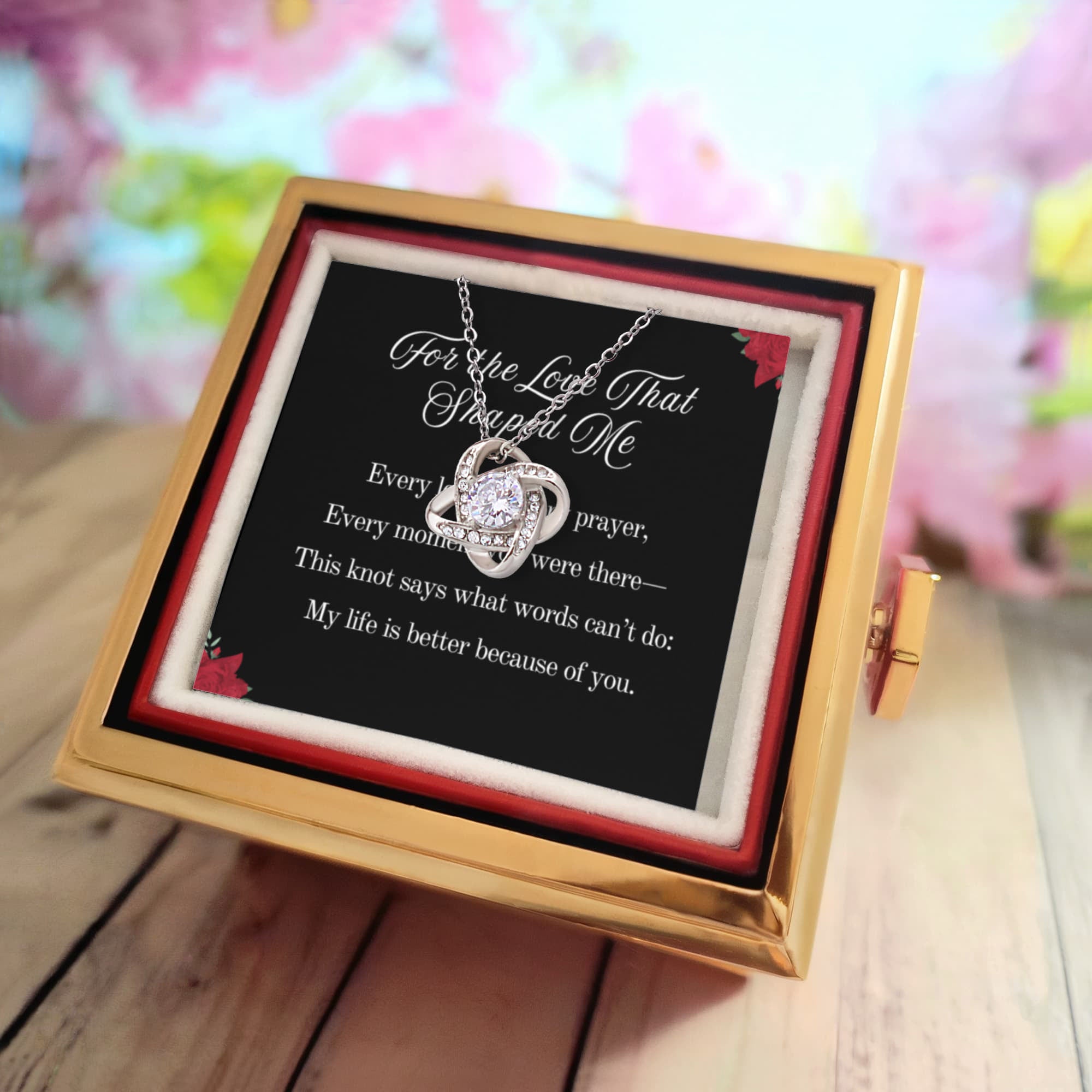 For the Love That Shaped Me Love Knot Necklace, 14k or 18k Gold Finish, Meaningful Poem Card, Rotating Everlasting Rose Box Gift Set