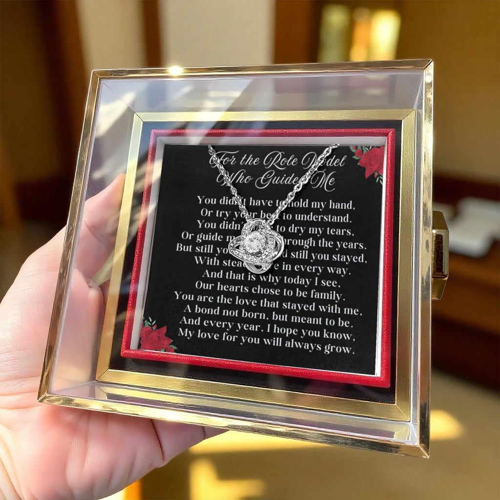 Guiding Role Model LOVE KNOT 14k or 18k Gold Love Knot Necklace & Meaningful Poem Card Rotating Everlasting Rose Box with Everlasting Rose Gift Box