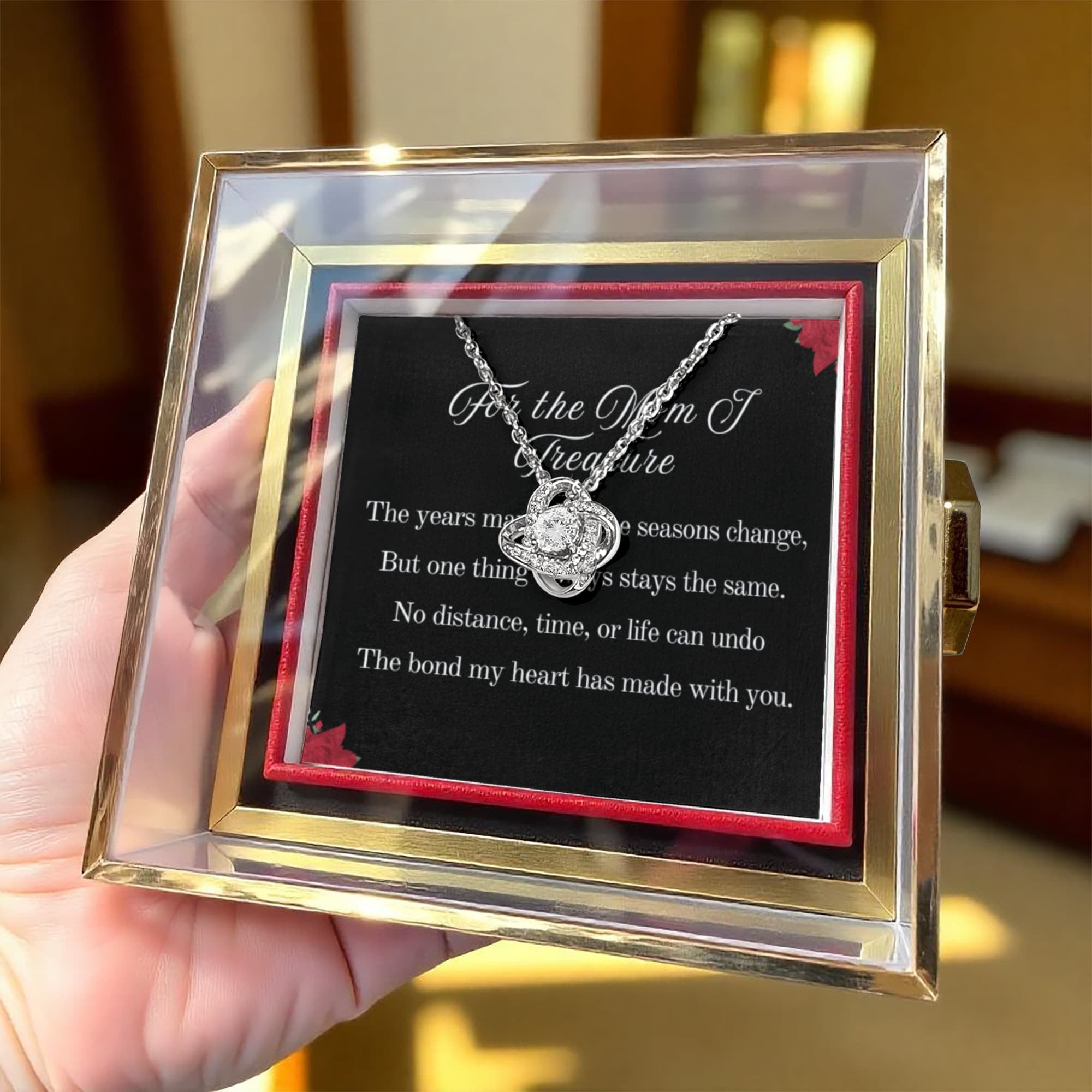 For the Mom I Treasure Love Knot Necklace, 14k or 18k Gold Finish, Meaningful Poem Card, Rotating Everlasting Rose Box Gift Set