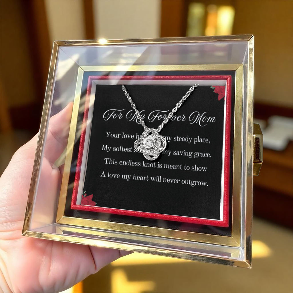 For My Forever Mom Love Knot Necklace, 14k or 18k Gold Finish, Meaningful Poem Card, Rotating Everlasting Rose Box Gift Set