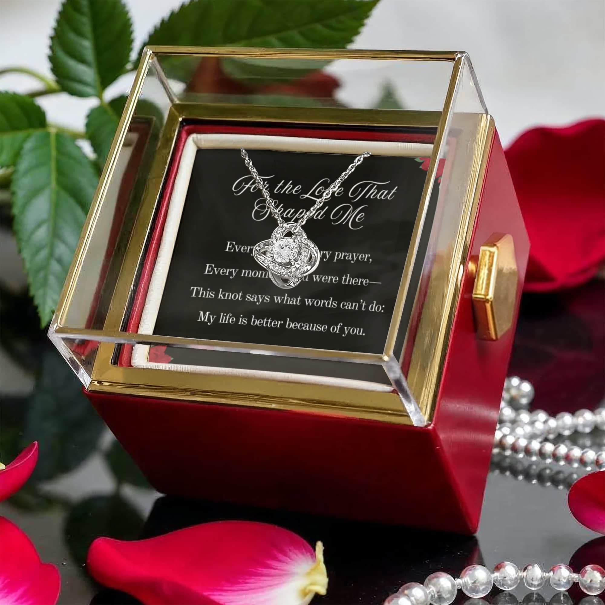 For the Love That Shaped Me Love Knot Necklace, 14k or 18k Gold Finish, Meaningful Poem Card, Rotating Everlasting Rose Box Gift Set