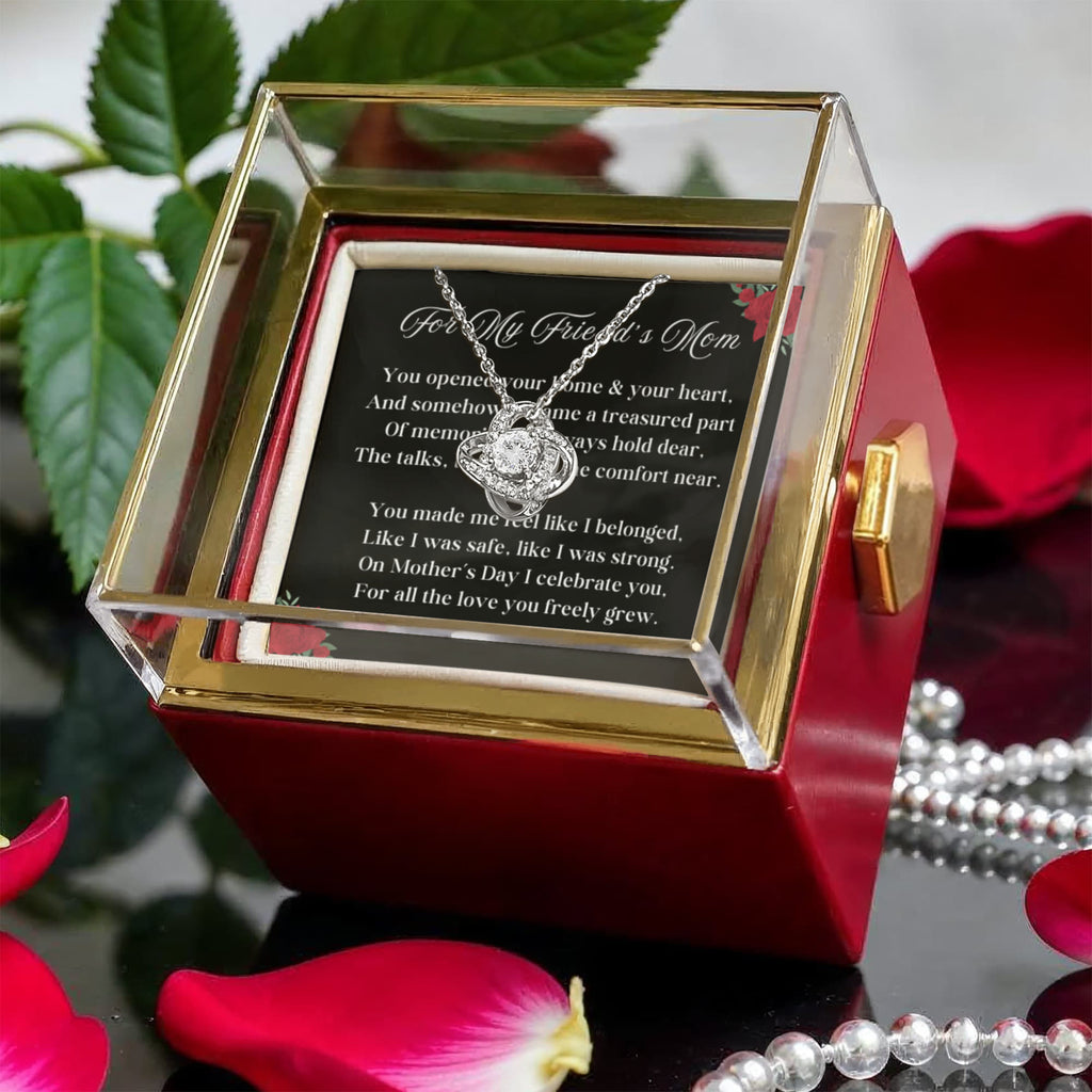 Friend's Mom LOVE KNOT 14k or 18k Gold Love Knot Necklace & Meaningful Poem Card Rotating Everlasting Rose Box
