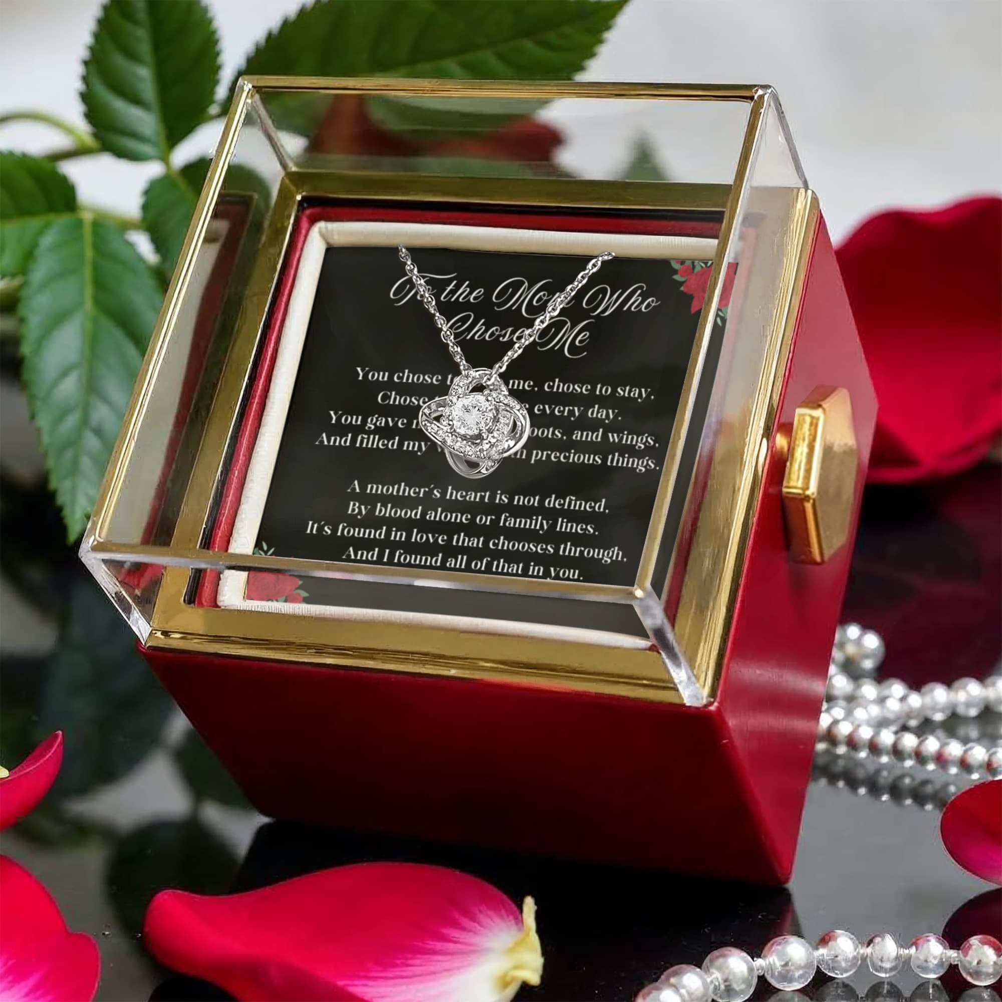 Mom Who Chose Me LOVE KNOT 14k or 18k Gold Love Knot Necklace & Meaningful Poem Card Rotating Everlasting Rose Box
