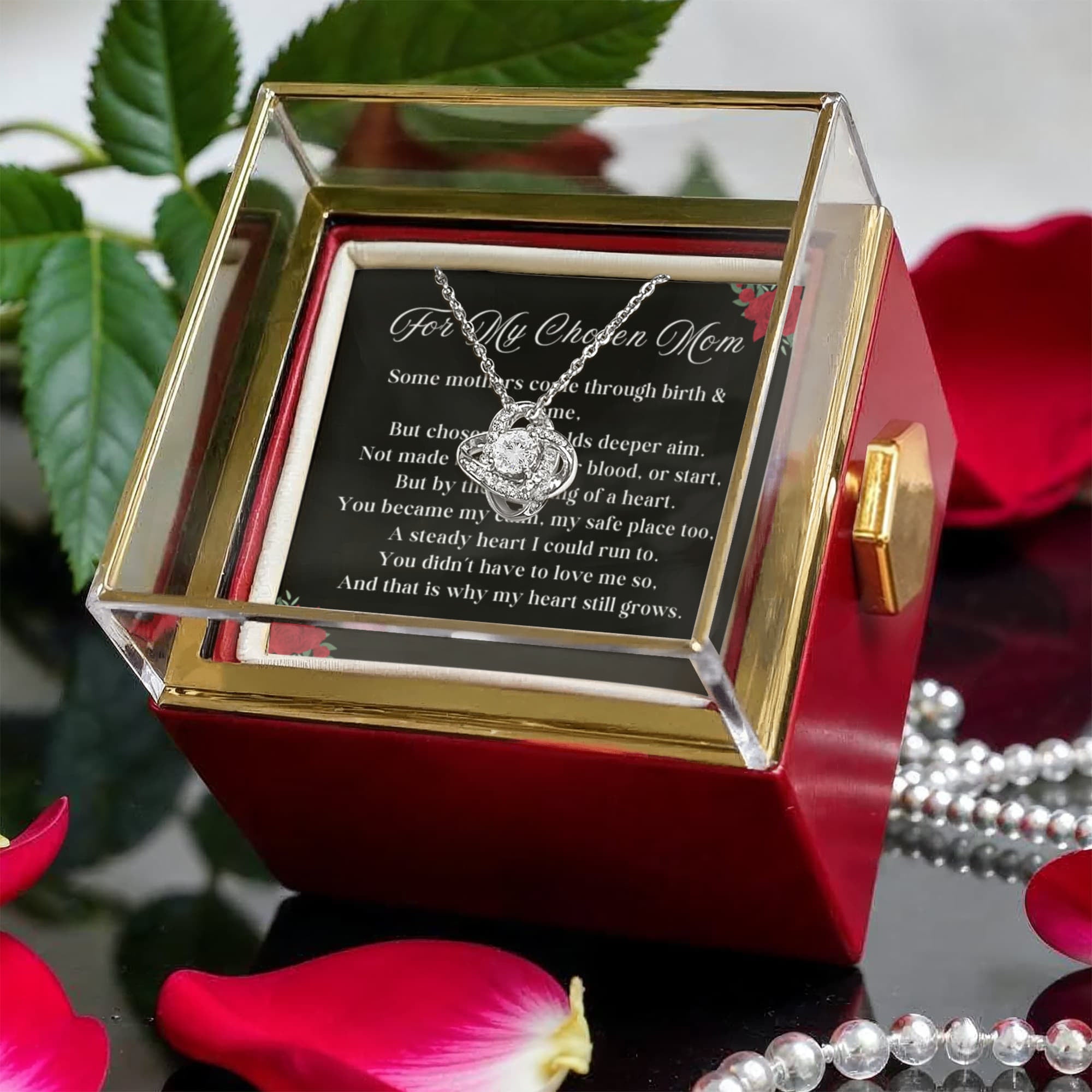 Chosen Mom LOVE KNOT 14k or 18k Gold Love Knot Necklace & Meaningful Poem Card Rotating Everlasting Rose Box with Everlasting Rose Gift Box