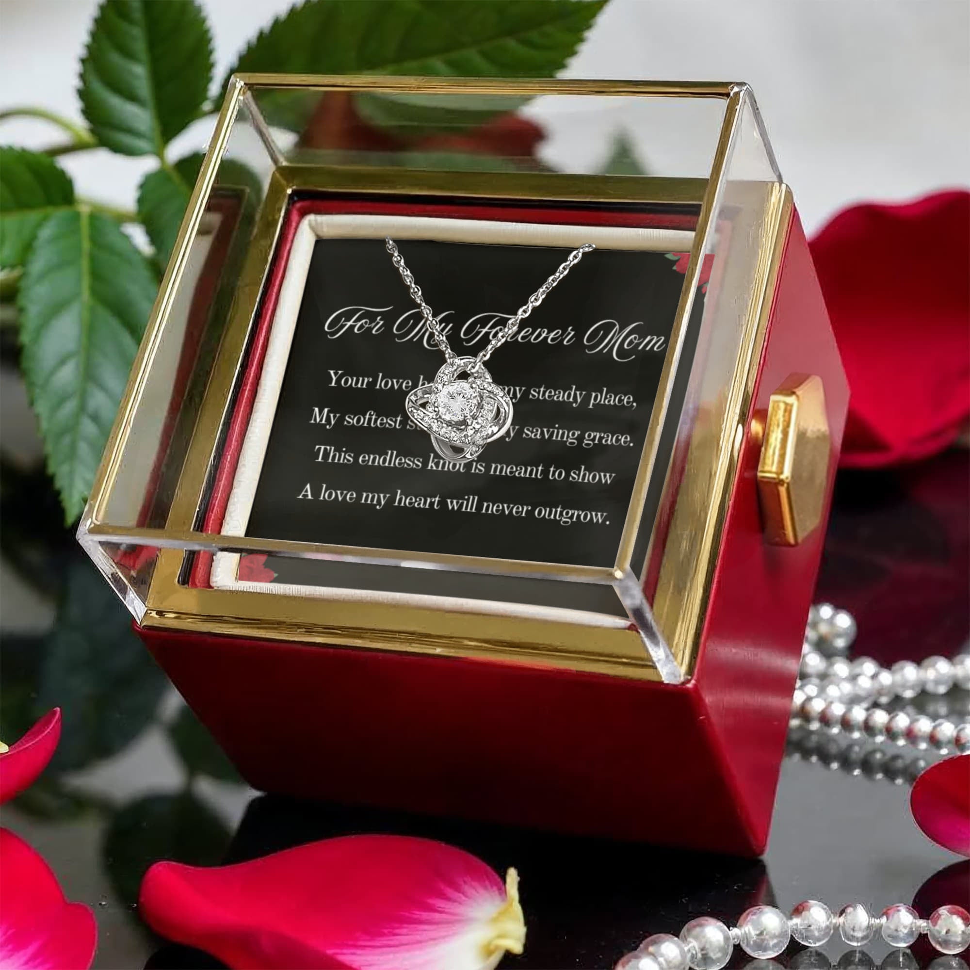 For My Forever Mom Love Knot Necklace, 14k or 18k Gold Finish, Meaningful Poem Card, Rotating Everlasting Rose Box Gift Set