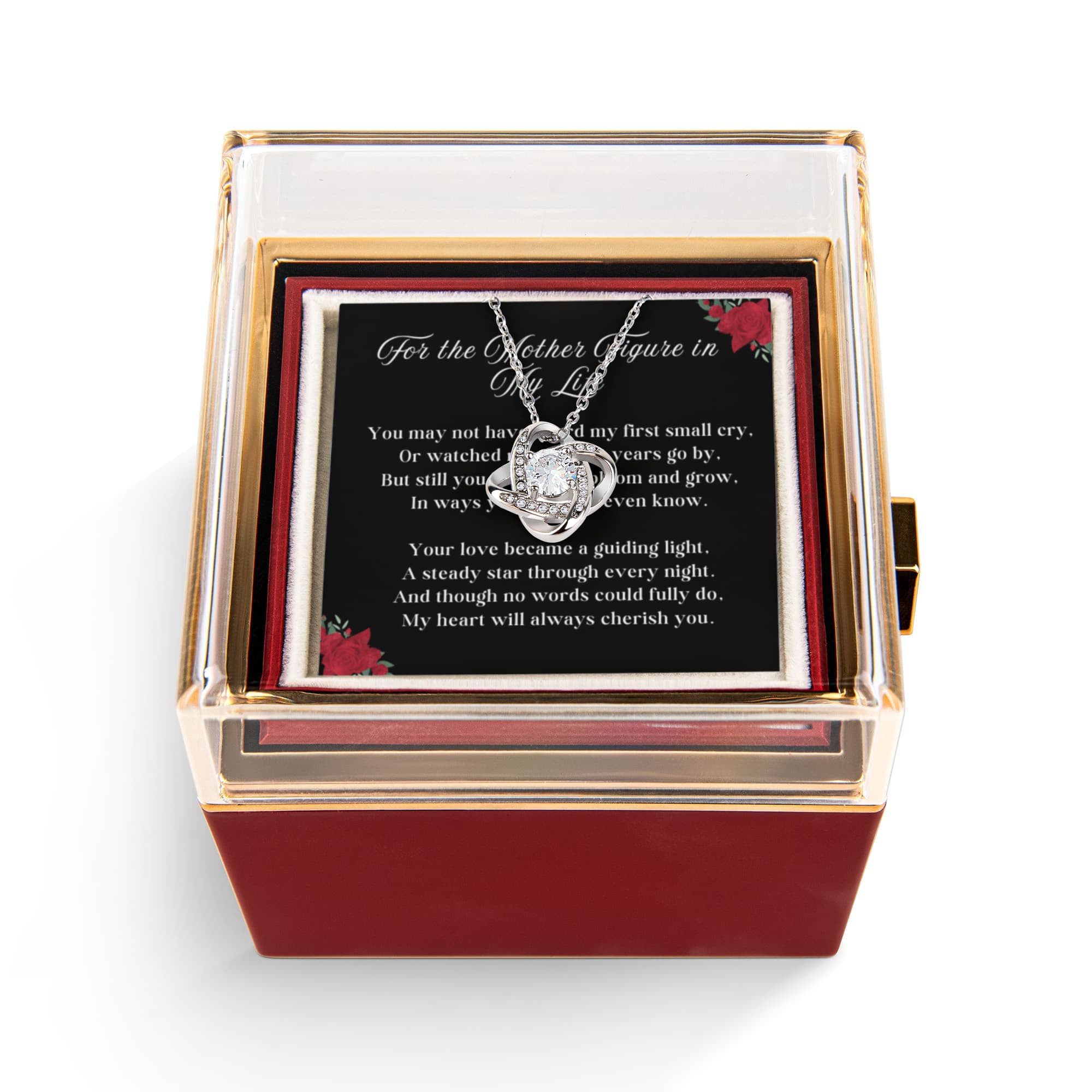 Mother Figure LOVE KNOT 14k or 18k Gold Love Knot Necklace & Meaningful Poem Card Rotating Everlasting Rose Box