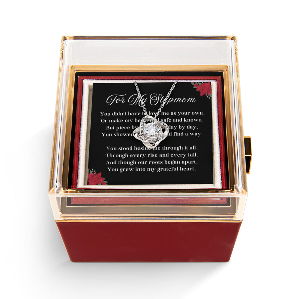 Stepmom LOVE KNOT 14k or 18k Gold Love Knot Necklace & Meaningful Poem Card Rotating Everlasting Rose Box with Everlasting Rose Gift Box