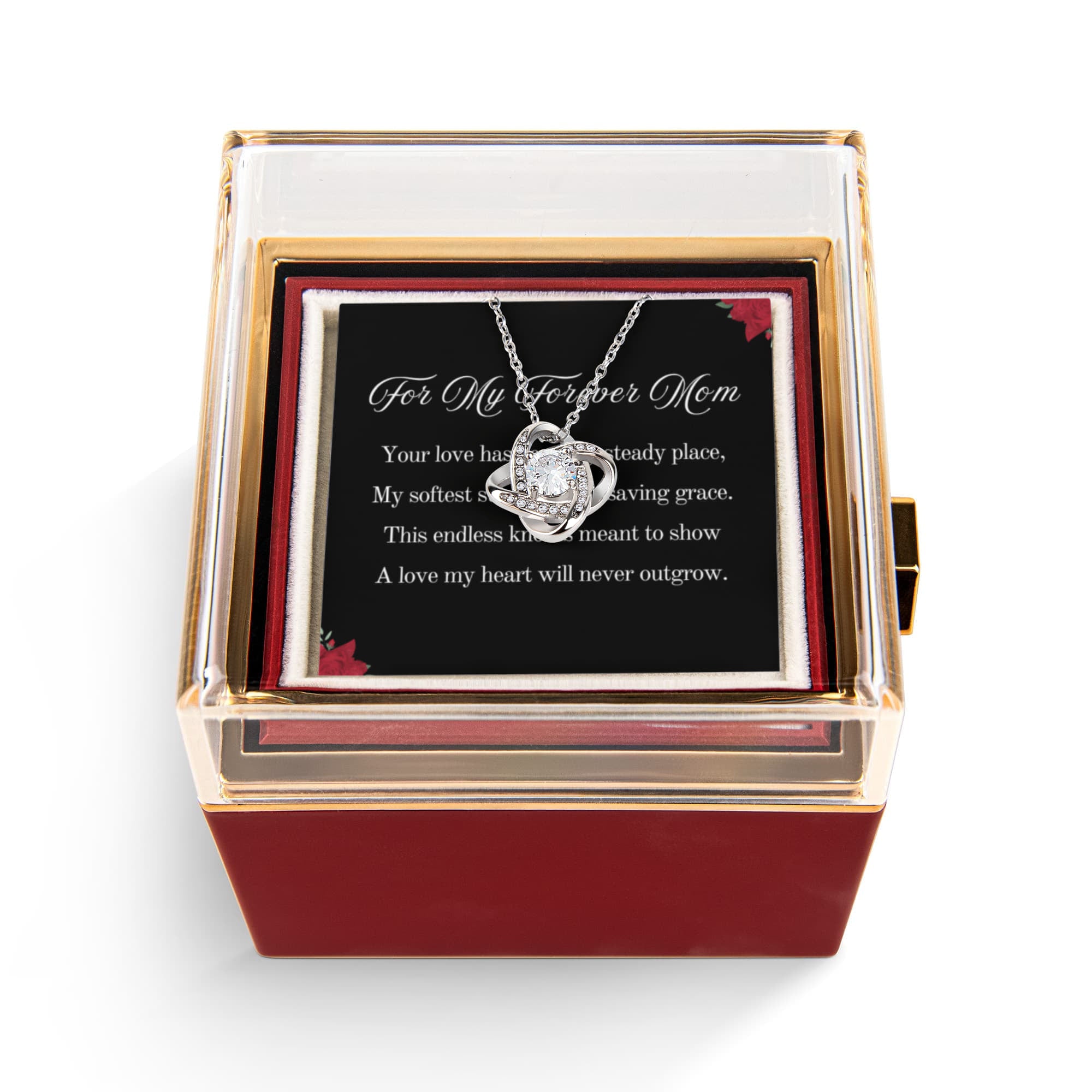 For My Forever Mom Love Knot Necklace, 14k or 18k Gold Finish, Meaningful Poem Card, Rotating Everlasting Rose Box Gift Set