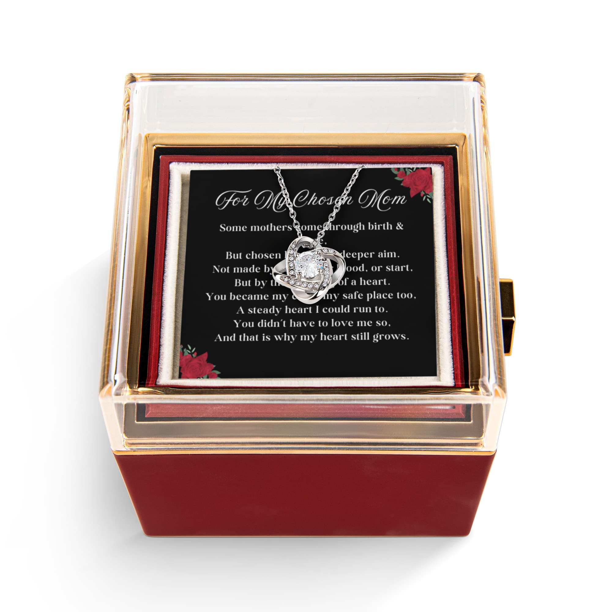 Chosen Mom LOVE KNOT 14k or 18k Gold Love Knot Necklace & Meaningful Poem Card Rotating Everlasting Rose Box with Everlasting Rose Gift Box