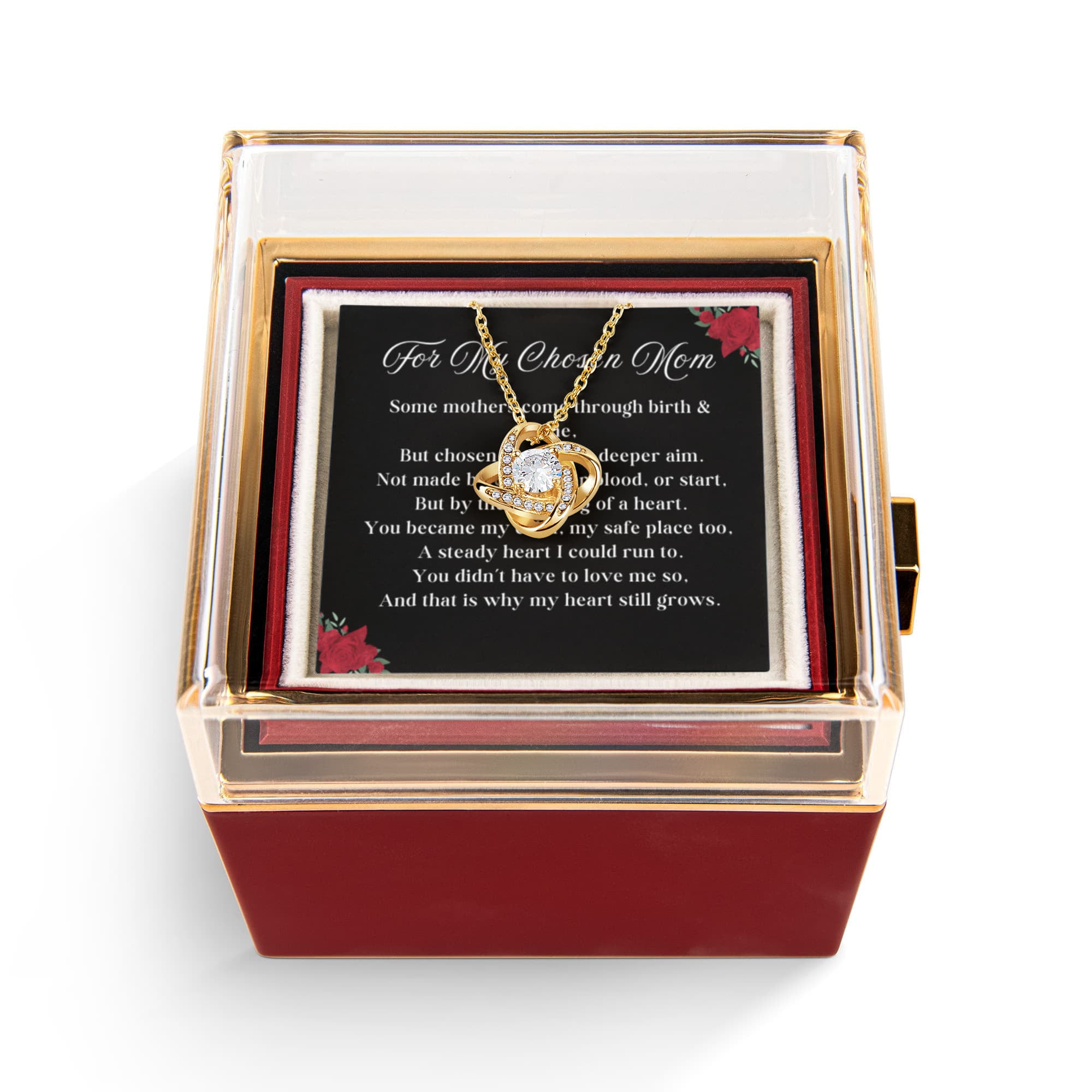 Chosen Mom LOVE KNOT 14k or 18k Gold Love Knot Necklace & Meaningful Poem Card Rotating Everlasting Rose Box with Everlasting Rose Gift Box