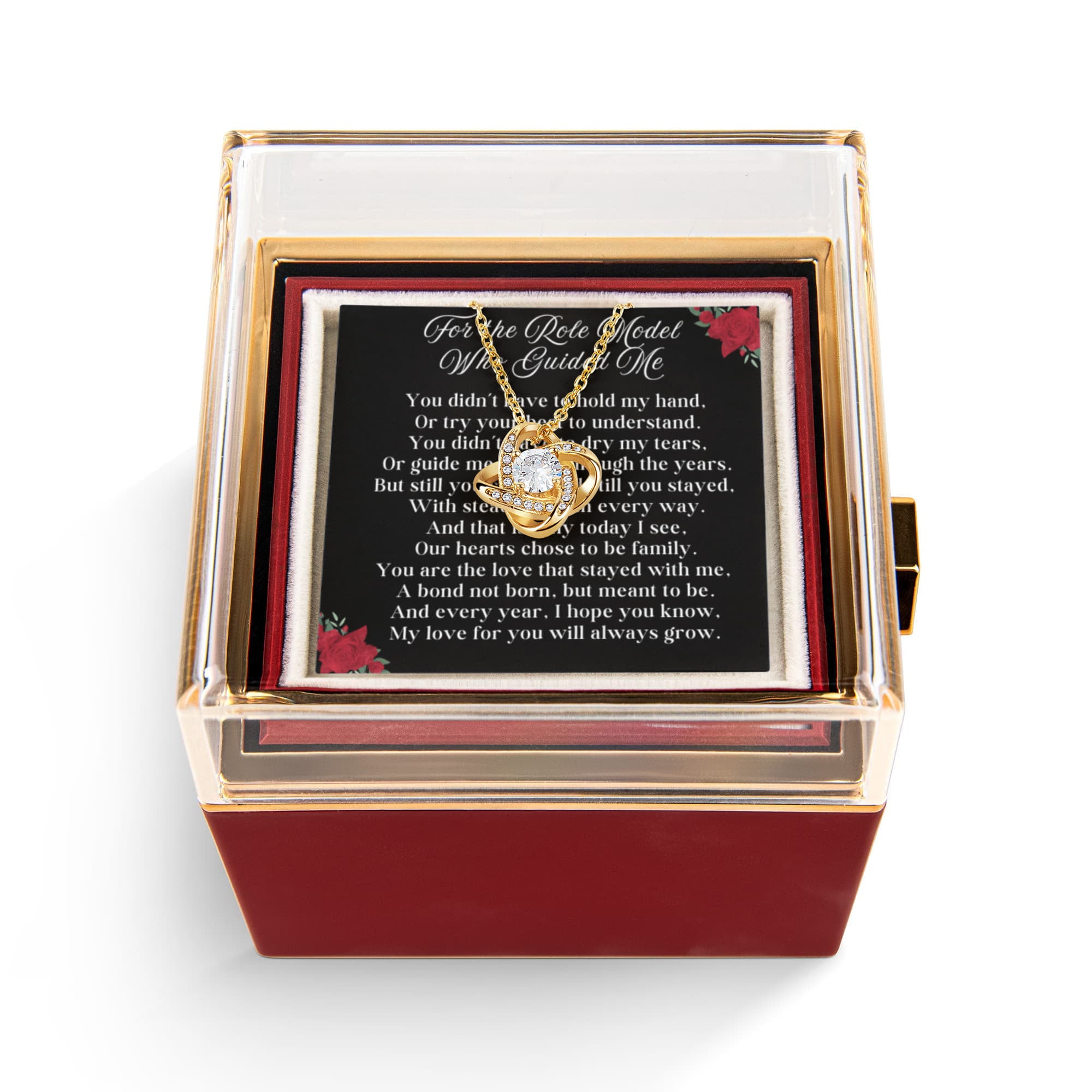 Guiding Role Model LOVE KNOT 14k or 18k Gold Love Knot Necklace & Meaningful Poem Card Rotating Everlasting Rose Box with Everlasting Rose Gift Box