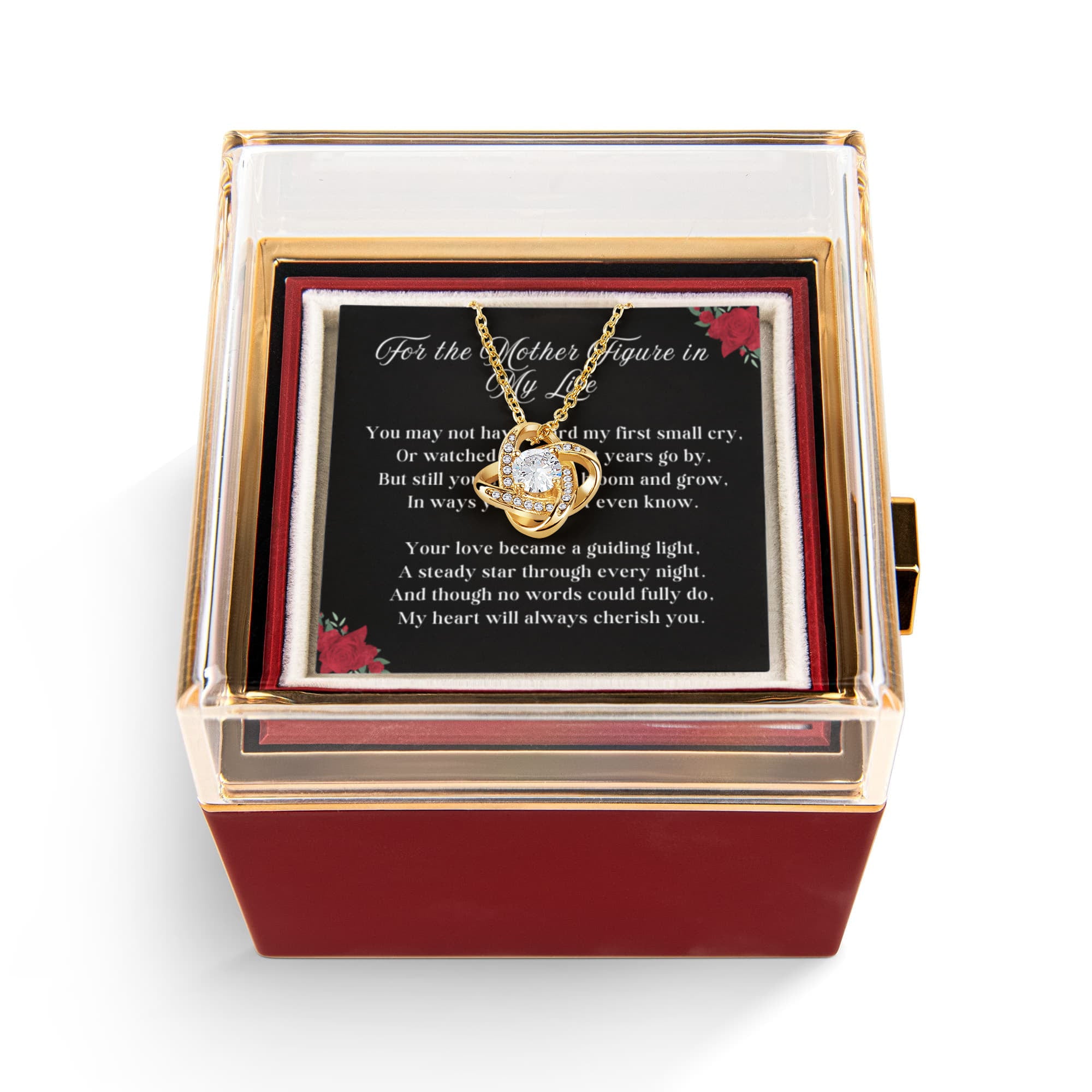 Mother Figure LOVE KNOT 14k or 18k Gold Love Knot Necklace & Meaningful Poem Card Rotating Everlasting Rose Box