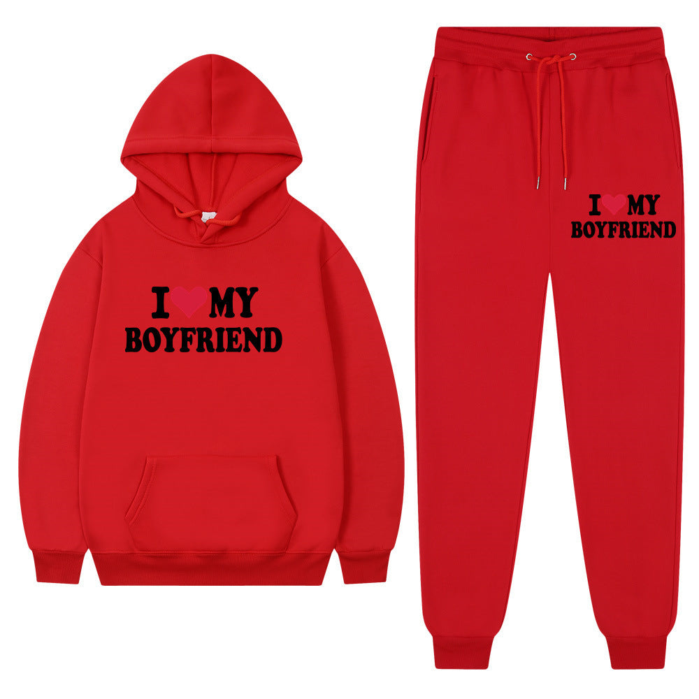 "I Love My Boyfriend" Casual Hoodie and Pants Set
