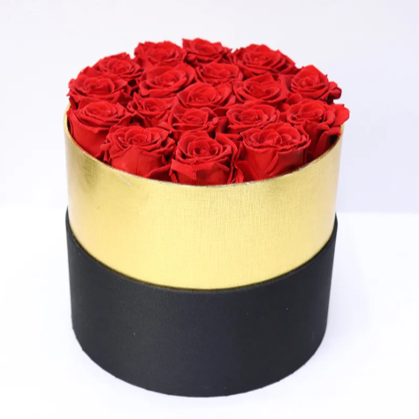 Eternal Rose Gold Rimmed Circular Box – 18 Roses Gift Set. Many Color Options
