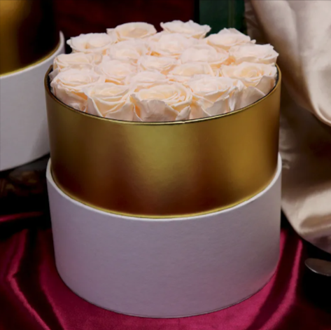 Eternal Rose Gold Rimmed Circular Box – 18 Roses Gift Set. Many Color Options