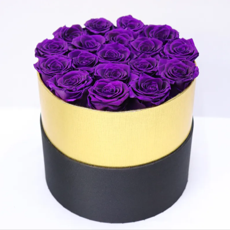 Eternal Rose Gold Rimmed Circular Box – 18 Roses Gift Set. Many Color Options