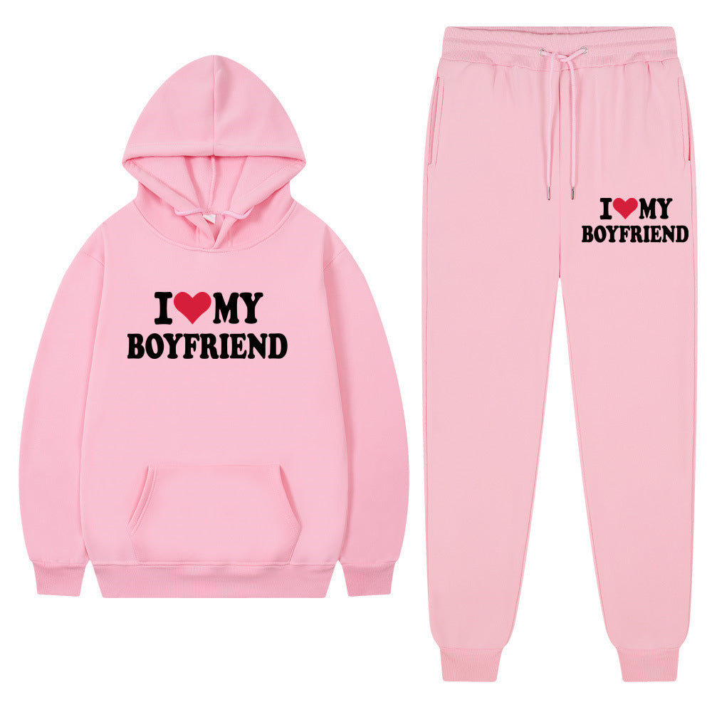 "I Love My Boyfriend" Casual Hoodie and Pants Set