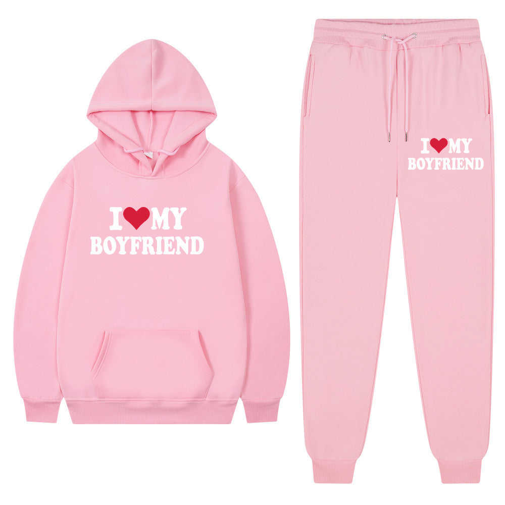 "I Love My Boyfriend" Casual Hoodie and Pants Set