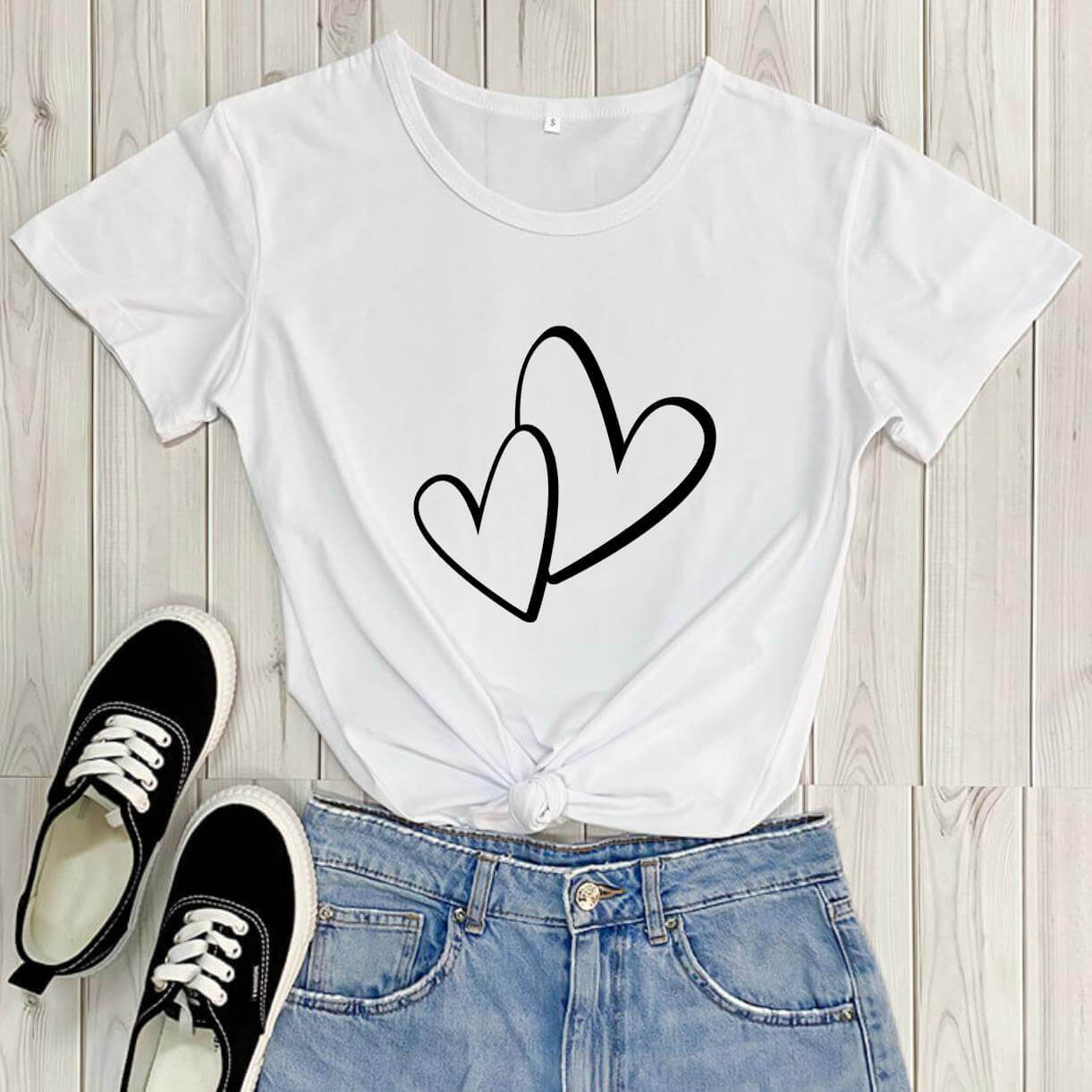 Dual Hearts Love Printed Round Neck T-Shirt
