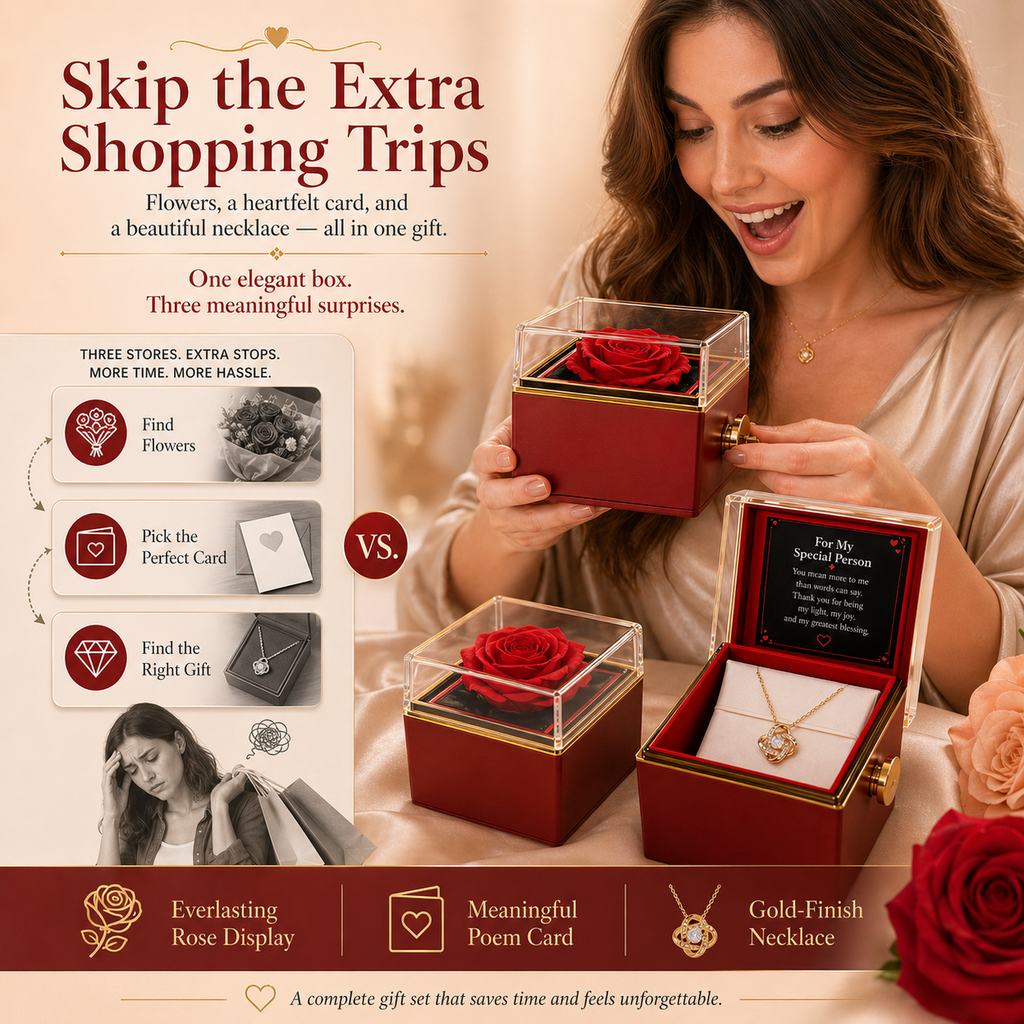 Mom I Treasure Love Knot Necklace, 14k or 18k Gold Finish, Meaningful Poem Card, Rotating Everlasting Rose Box Gift Set