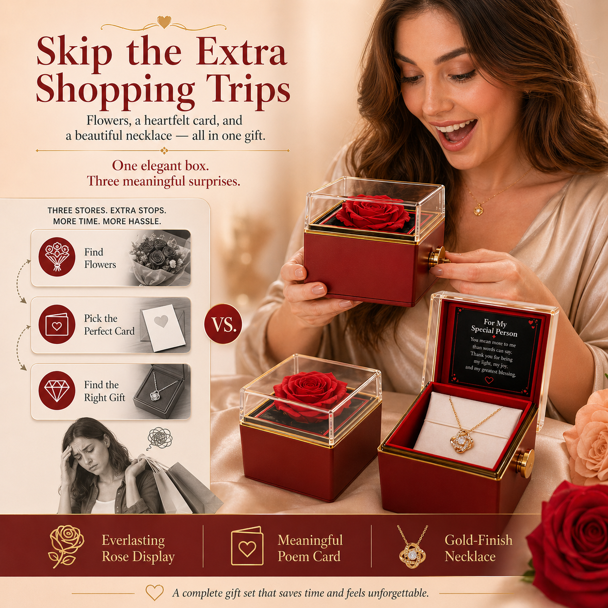 Mom I Treasure Love Knot Necklace, 14k or 18k Gold Finish, Meaningful Poem Card, Rotating Everlasting Rose Box Gift Set
